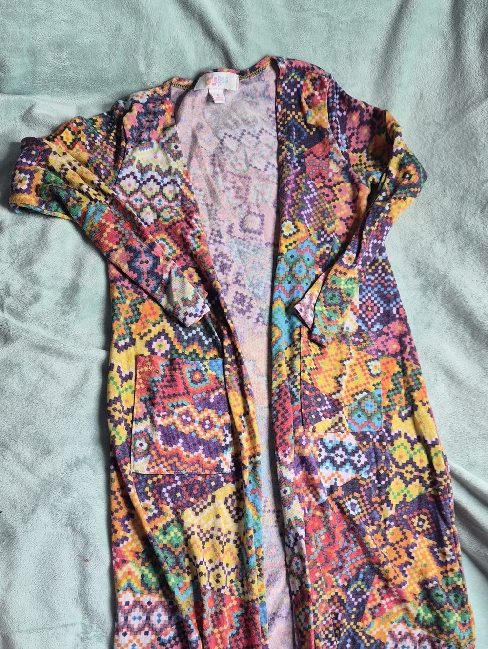 LuLaRoe Multicolor Geometric Open Front Kids Sariah Size 8